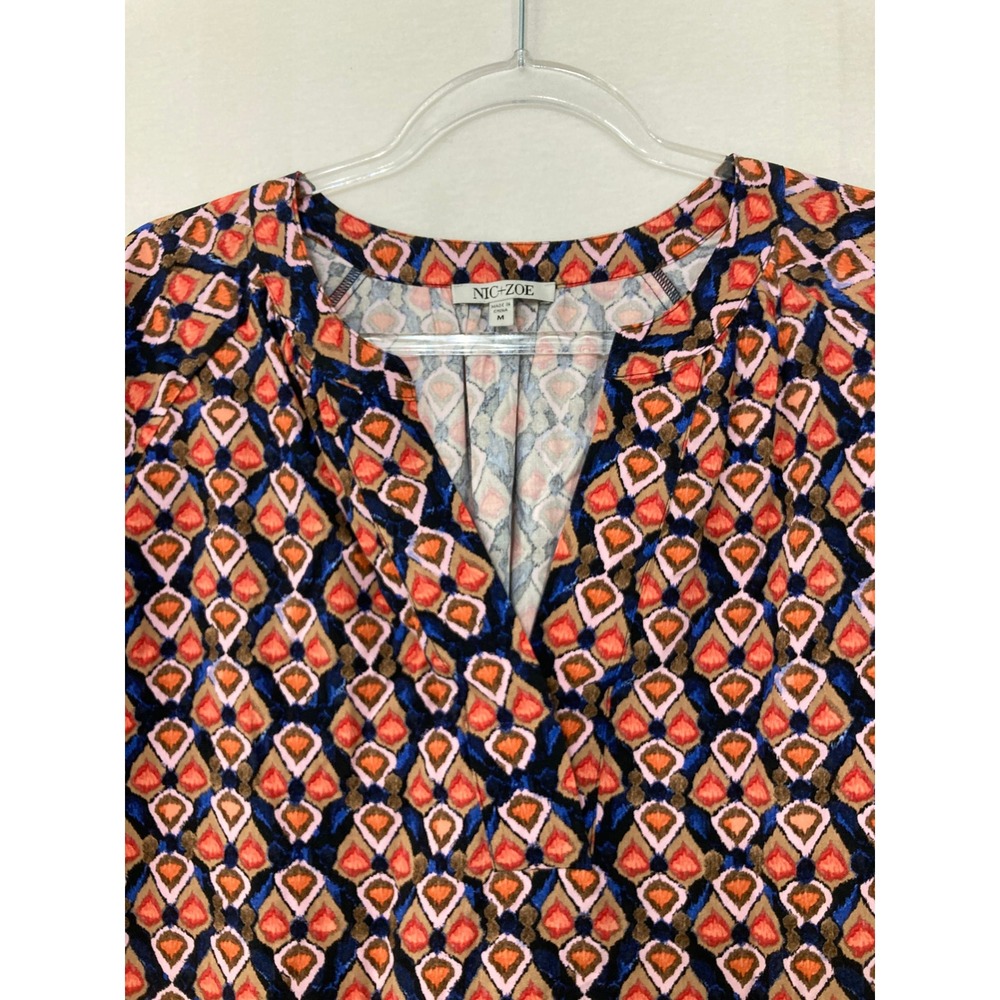 NIC+ZOE Blouse Medium Multicolor Geometric Ikat Print Split V-Neck Viscose - Picture 5 of 11